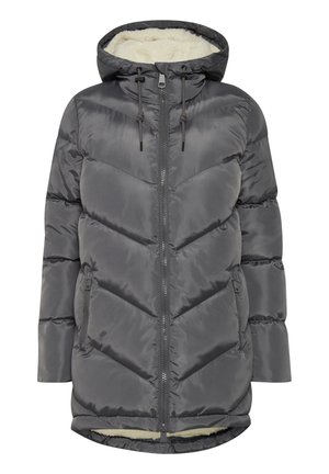 Graue Steppjacke mit Kapuze, mit Chevron-Design, Frontreißverschluss und zwei Seitentaschen. Gefüttert mit weichem, cremefarbenem Fleece.