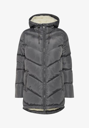 Szara kurtka puchowa z kapturem, z wzorem w zygzak, z przednim zamkiem błyskawicznym i dwoma kieszeniami po bokach. Podszewka z miękkiego, kremowego polaru.