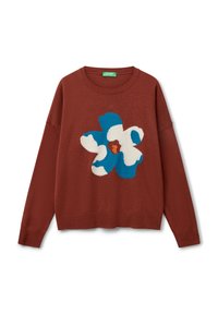 Rustfarbener Pullover mit großem blau-weißen Blumenmuster. Strukturiertes Strickgewebe, runder Halsausschnitt und gerippte Bündchen.