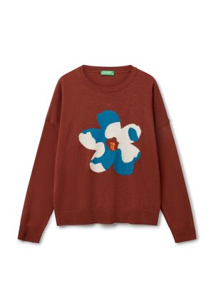 Rustfarbener Pullover mit großem blau-weißen Blumenmuster. Strukturiertes Strickgewebe, runder Halsausschnitt und gerippte Bündchen.