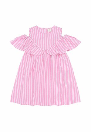 Vaaleanpunainen ja valkoinen raidallinen olkaimettomuusmekko lapselle, jossa on röyhelöhihoja ja kiristetty vyötärö.