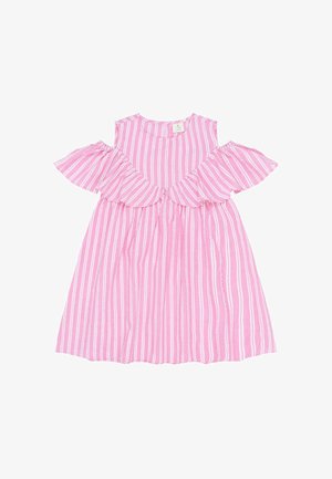 Rožinė ir balta dryžuota suknelė be pečių vaikui su raukiniais rankovėmis ir susiraukšlėtu juosmeniu.