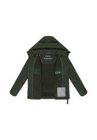 Dark green puffer jacket with a hood, zip closure, and multiple interior pockets. Soft fleece lining and contrasting stitching details.