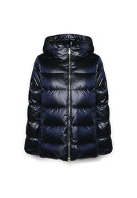 Chaqueta acolchada de color navy con acabado brillante, que cuenta con una capucha, cremallera frontal y un patrón de acolchado horizontal. Textura suave y diseño aislante.