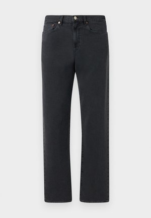 Zwarte denim jeans met een rechte pijpdesign, vijf zakken en metalen hardware accenten. De stof heeft een gladde, iets gestructureerde afwerking.