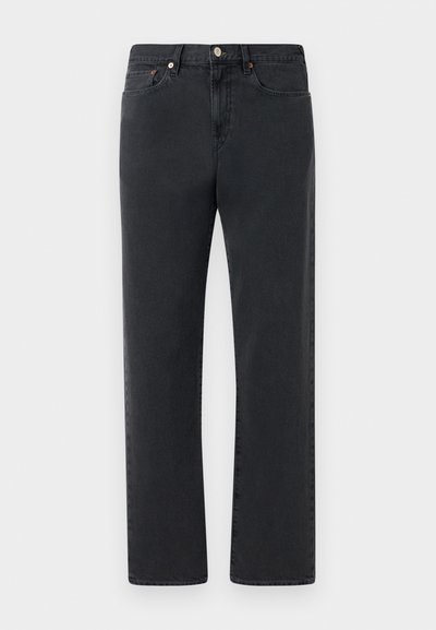Zwarte denim jeans met een rechte pijpdesign, vijf zakken en metalen hardware accenten. De stof heeft een gladde, iets gestructureerde afwerking.