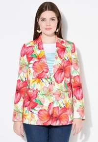Blumiges Sakko mit einem lebhaften Hibiskus-Muster in Rot und Grün auf einem weißen Hintergrund, Ein-Knopf-Verschluss und zwei vorderen Taschen.