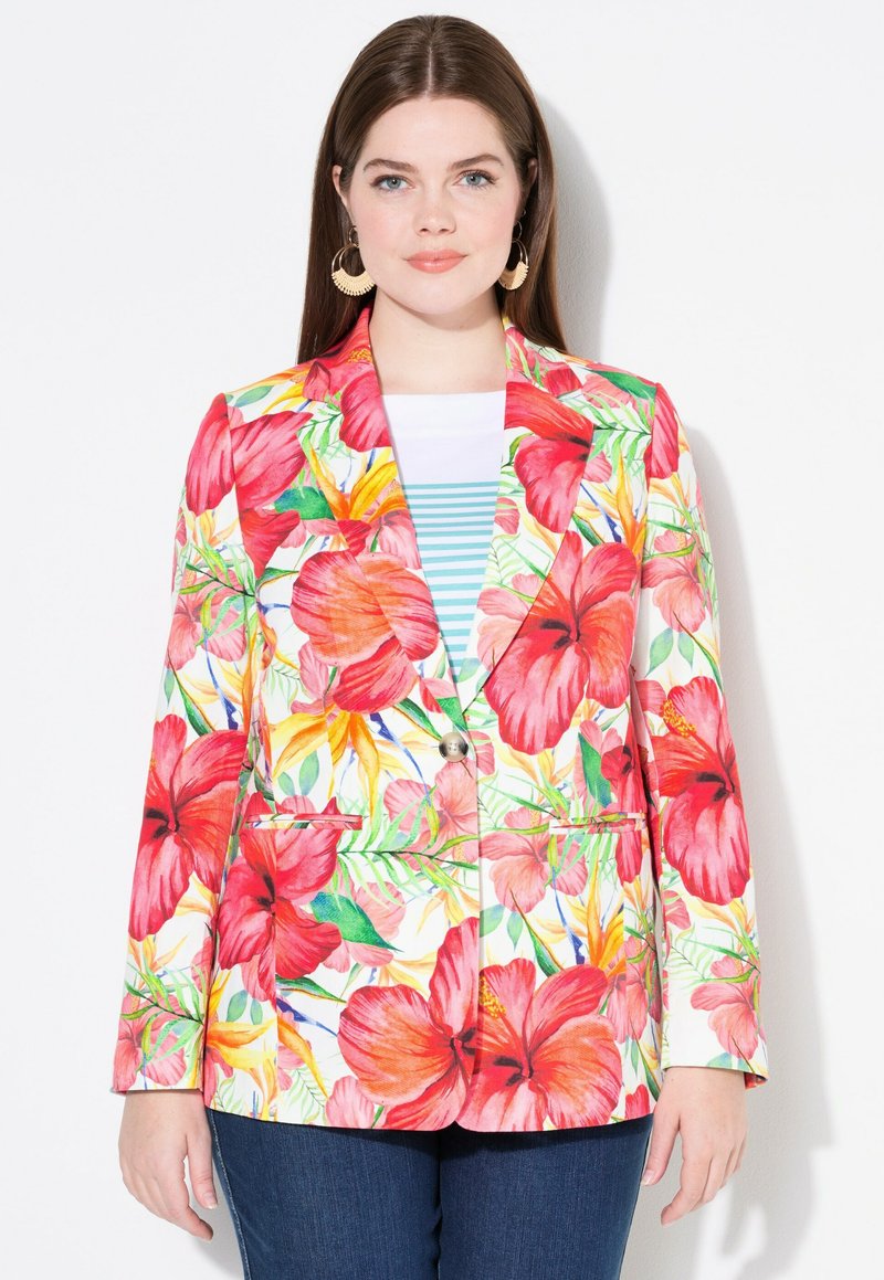 Blumiges Sakko mit einem lebhaften Hibiskus-Muster in Rot und Grün auf einem weißen Hintergrund, Ein-Knopf-Verschluss und zwei vorderen Taschen.
