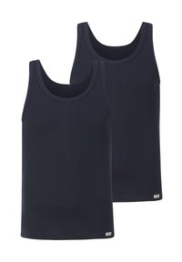 Two dark navy tank tops made of smooth cotton fabric. Features a round neckline, wide shoulder straps, and a straight hem.
