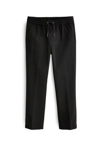Zwarte broek van zachte stof met een elastische tailleband en een verstelbare trekkoord. Voorzien van voorzakken en een rechte pijp.
