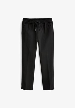 Schwarze Hose aus weichem Material mit elastischem Bund und verstellbarem Kordelzug. Verfügt über Fronttaschen und gerades Bein-Design.