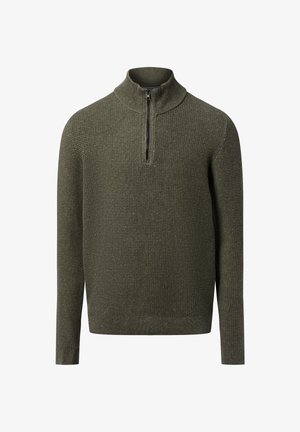 Strickpullover in Dunkelgrün mit hohem Kragen und Viertelreißverschluss. Strukturiertes Material und lange Ärmel mit Rippbündchen und -saum.