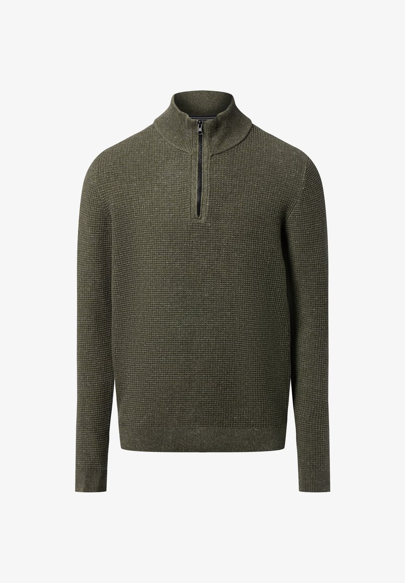 Pull-over en tricot de couleur vert foncé avec col haut et fermeture éclair quart. Tissu texturé et manches longues avec poignets et ourlet en côtes.