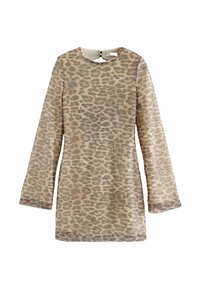 Rochie cu mânecă lungă dintr-un material texturat, cu un imprimeu animalier bej și maro. Are o decupare rotundă la gât și o deschidere la spate în formă de cheie.