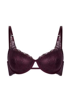 Bordeaux kanten beha met beugel, bloemenpatroon, verstelbare banden en een gladde satijnen basis. Heeft een centrale uitsnijding en een delicate afwerking.