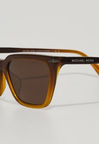 Pruunitoonilised prillid suurtel ruudukujulistel raamidel, valmistatud heledast pruunist plastikust. Omavad musti templikindaid koos hõbedase "Michael Kors" brändinguaga.
