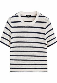 Sweter z krótkim rękawem w kremowo-granatowe paski. Dzianinowy materiał z okrągłym dekoltem. Luźny krój z poziomymi paskami.