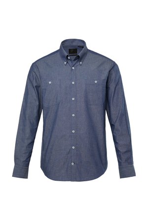 Blå skjorte med knap, med et lille geometrisk mønster, lange ærmer, to brystlommer og krave med knap.