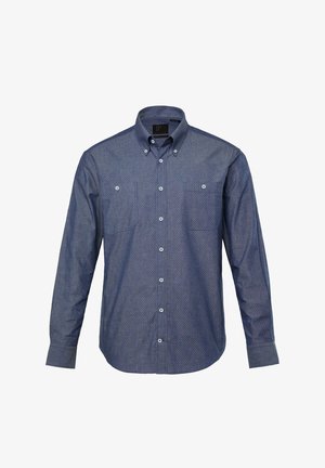 Modrá košile na knoflíky s malým geometrickým vzorem, dlouhé rukávy, dvě kapsy na prsou a límec na knoflíky.