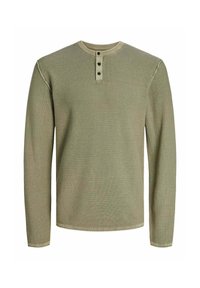 Maglietta henley a maniche lunghe in verde oliva con un motivo a maglia tessurizzata, colletto a coste e una patta con tre bottoni al collo.