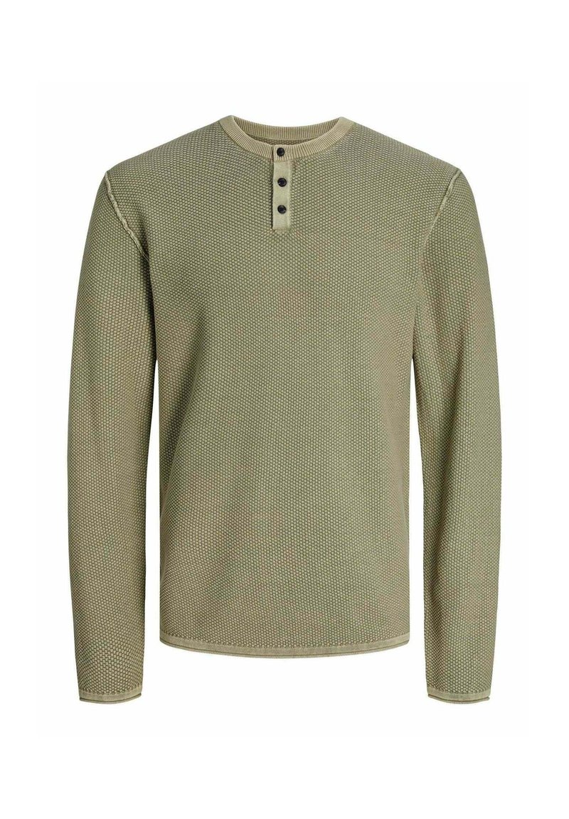 Maglietta henley a maniche lunghe in verde oliva con un motivo a maglia tessurizzata, colletto a coste e una patta con tre bottoni al collo.