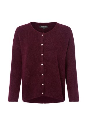 Burgundowa dzianinowa kardiganka z okrągłym dekoltem, długimi rękawami i zapięciem na guziki z sześcioma teksturowanymi guzikami z przodu.