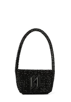 Piccola borsa nera ricoperta da perline nere con manico perlato abbinato e logo angolare nero lucido sul davanti.