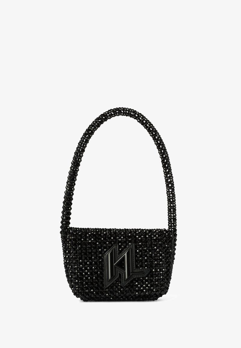 Petit sac à main noir recouvert de perles noires avec une anse perlée assortie et un logo angulaire noir brillant à l'avant.