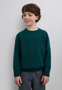 Jersey de punto color verde azulado con cuello y puños acanalados, que presenta un pequeño logo bordado. Se lleva sobre una camisa blanca y se combina con pantalones de pana grises.