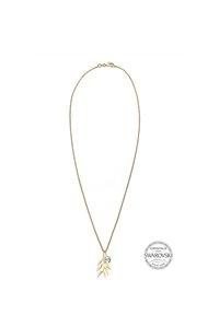 Goldkettchen mit einem Anhänger im Blattdesign, verziert mit einem Swarovski-Kristall. Die Kette ist dünn und strukturiert, was den eleganten Look unterstreicht.