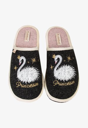 Black felt slippers with white embroidered swan design and gold accents, featuring the word "Prinzessin" in gold lettering. Beige trim.
