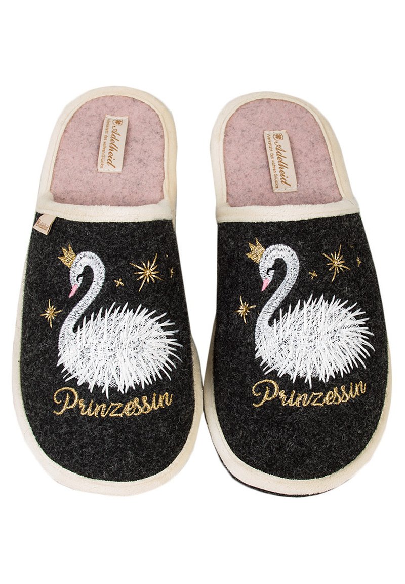 Black felt slippers with white embroidered swan design and gold accents, featuring the word "Prinzessin" in gold lettering. Beige trim.