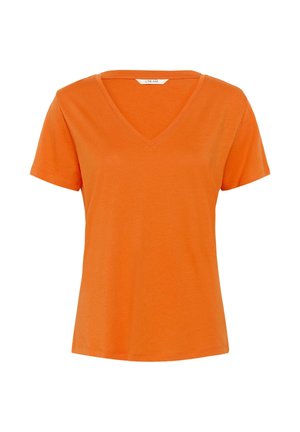 Orangefarbenes T-Shirt mit V-Ausschnitt und kurzen Ärmeln, schlichtes Design auf weißem Hintergrund.