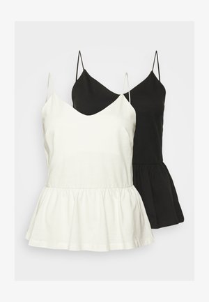 To camisertoppar, en hvit og en svart. Begge har v-hals, tynne justerbare stropper og peplum-kant. Laget av myk tekstil.