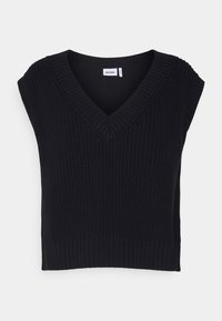 Černý pletený bezrukávový top s V-výstřihem a širokým ribbed lemem. Texturovaná tkanina s přiléhavým siluetou. Značková etiketa viditelná uvnitř.