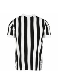 Camisa de manga corta a rayas blancas y negras, hecha de algodón, con un cuello redondo y un dobladillo recto, con la parte trasera del cuello abierta.