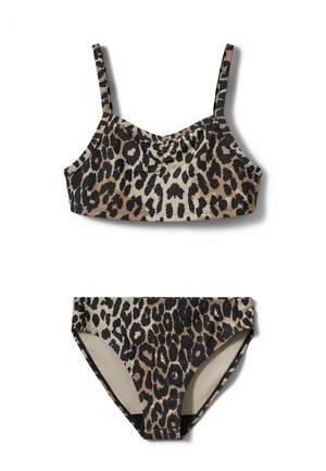 Conjunto de bikini con estampado de leopardo que incluye un top corto con tirantes finos y una braga a la cadera a juego, ambos fabricados con una tela suave y elástica.