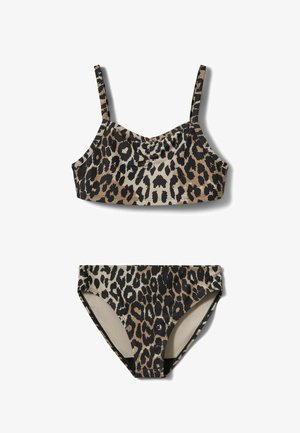 Set de bikini cu imprimeu de leopard, format dintr-un top scurt cu bretele subțiri și un slip de talie joasă asortat, ambele realizate dintr-un material neted și elastic.