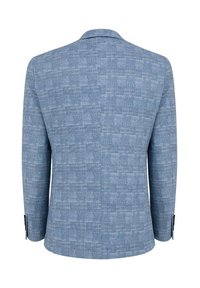 Jasnoniebieska marynarka w kratę, na dwa guziki, slim fit, z klapami w stylu notch oraz guzikami na rękawach.