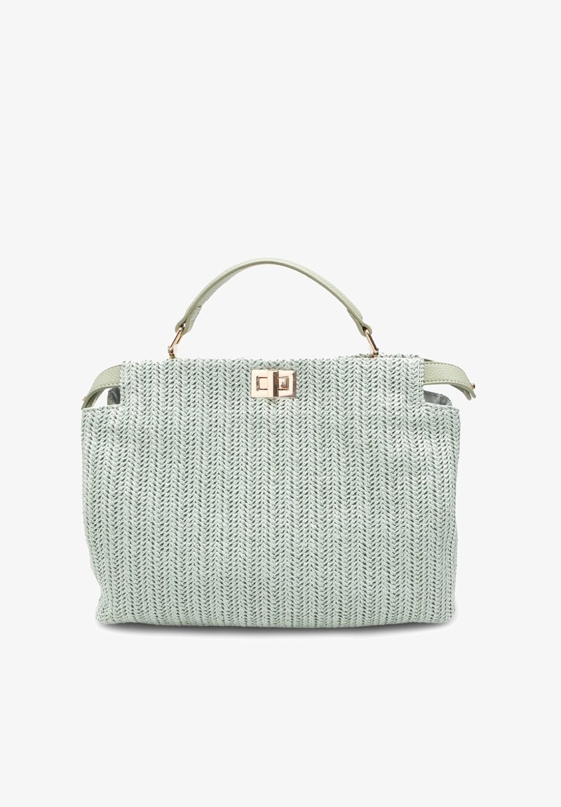 Miętowa pleciona torba na ramię o teksturowanym wykończeniu, z wyraźnym kształtem, podwójnymi uchwytami i zapięciem na złotą złączkę.
