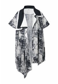 Giacca aperta a colori bianco e nero con maniche corte, orlo asimmetrico e dettagli del colletto a contrasto. Realizzata in tessuto leggero.