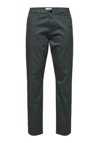 Donkergroene chino broek van een gladde katoenstof, met een rechte pasvorm en knoopsluiting, uitgerust met zij- en achterzakken.