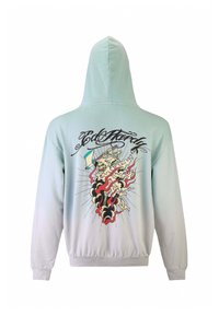 Hætte sweatshirt i lys tealgulv med stort, farverigt grafik på ryggen, der viser et skelet, flammer og fed tekst. Stof i bomuldsblanding.
