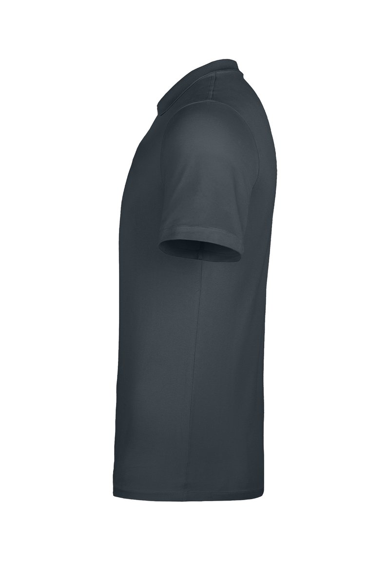 Dark gray short-sleeve polo shirt shown from the side with a ribbed collar and simple, clean design.