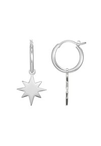 Orecchini a cerchio d'argento con un ciondolo a forma di stella. Il ciondolo ha otto punte, una texture liscia e una finitura lucida.