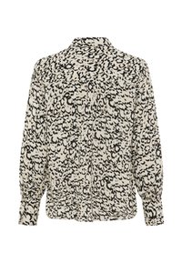 Langarmblouse met een luipaardprint in zwart op een crèmekleurige achtergrond, met een kraag en een knoopsluiting op de rug.