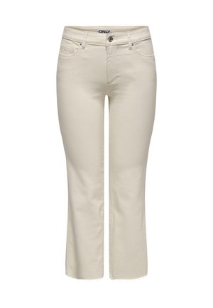 Jeans de cintura alta color crema con cierre de botón y cremallera, pasadores para cinturón, dos bolsillos frontales y dobladillo ligeramente deshilachado.