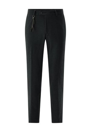 Slim-fit black dress pants with button and zipper closure, belt loops, and a braided keychain attached to the waistband.