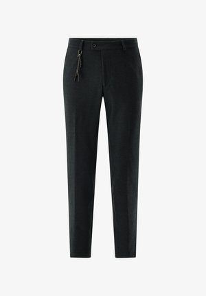Slim-fit black dress pants with button and zipper closure, belt loops, and a braided keychain attached to the waistband.