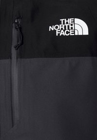 Veste noire avec une fermeture éclair verticale et le logo blanc "THE NORTH FACE" sur la partie supérieure de la poitrine.